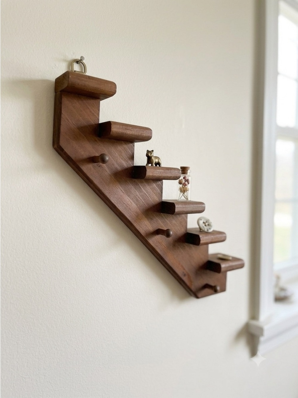 Vintage Wood Stairs Step Wall Shelf with Pegs Knick Knack 17"